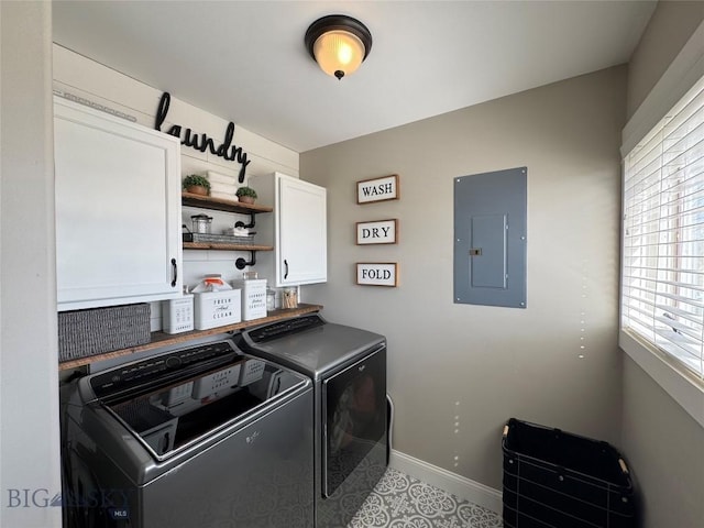 23 Indian Rings Rd, Big Timber, MT 59011 - laundry area featuring electric panel, cabinet space, washing machine and clothes dryer, and healthy amount of natural light