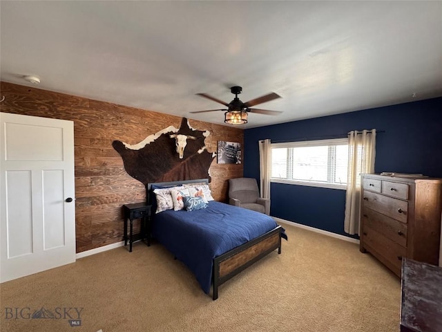 23 Indian Rings Rd, Big Timber, MT 59011 - bedroom with light colored carpet, ceiling fan, and wood walls