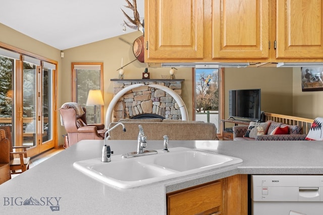 3310 Tumbleweed Dr, Bozeman, MT 59715 - kitchen featuring a stone fireplace, white dishwasher, a sink, and light countertops