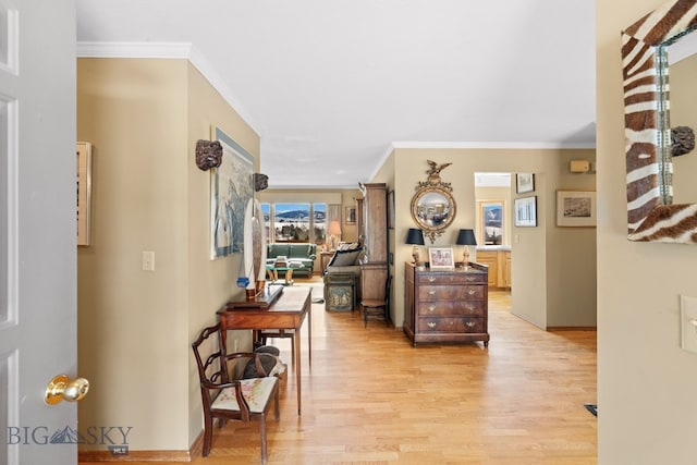 3310 Tumbleweed Dr, Bozeman, MT 59715 - corridor with crown molding, baseboards, and light wood finished floors