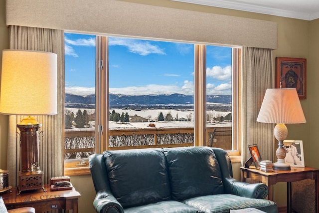 3310 Tumbleweed Dr, Bozeman, MT 59715 - living area with ornamental molding and a mountain view