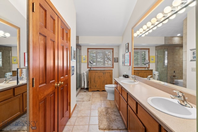 3310 Tumbleweed Dr, Bozeman, MT 59715 - bathroom featuring double vanity, a sink, a shower with door, and toilet