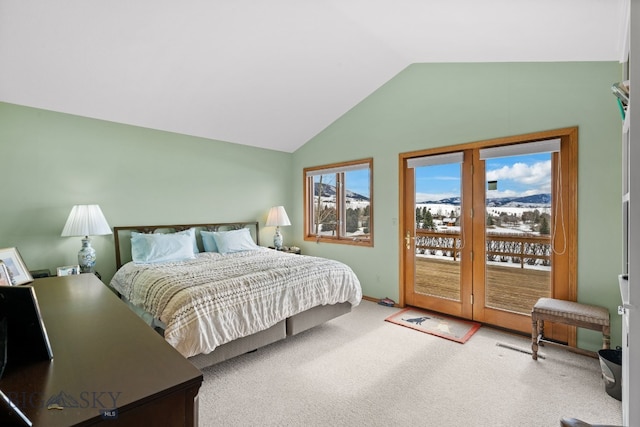 3310 Tumbleweed Dr, Bozeman, MT 59715 - carpeted bedroom featuring baseboards, lofted ceiling, and access to exterior