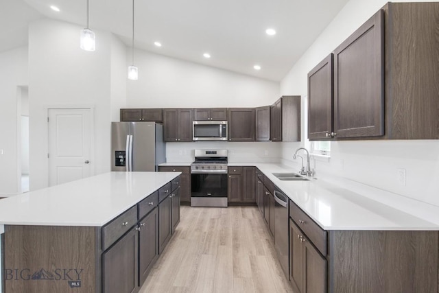 6 S Durango Trl, Three Forks, MT 59752 - kitchen featuring appliances with stainless steel finishes, high vaulted ceiling, light wood-style floors, dark brown cabinets, and light countertops