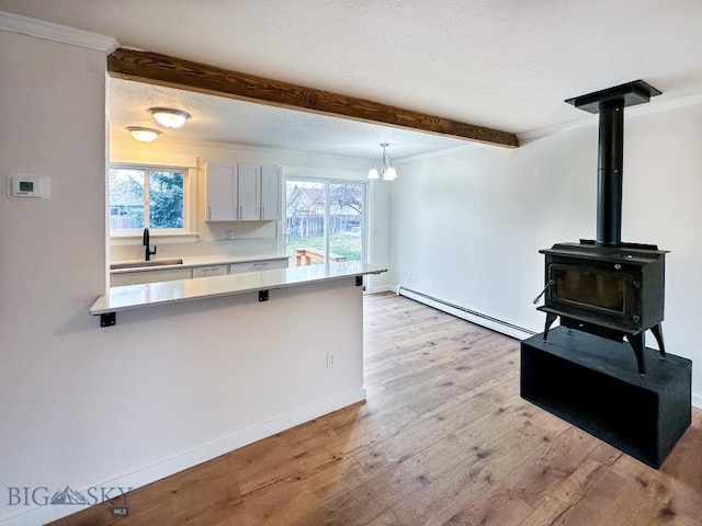 510 Flathead Ave, Bozeman, MT 59715 - kitchen featuring a baseboard heating unit, beam ceiling, light wood-style flooring, light countertops, and crown molding