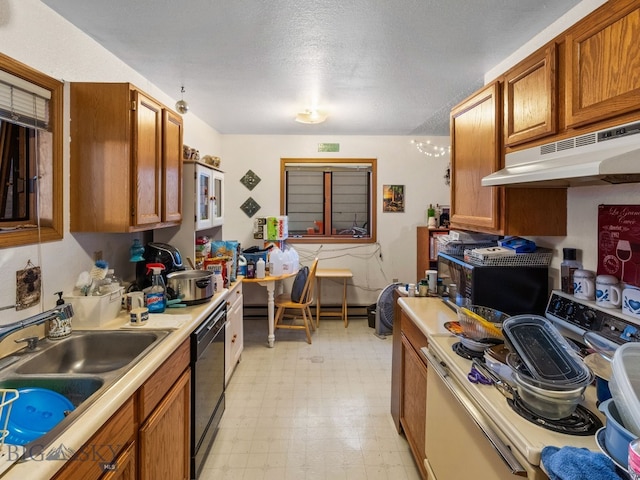 907 Montana St, Belgrade, MT 59714 - kitchen featuring under cabinet range hood, a sink, black appliances, brown cabinetry, and light floors