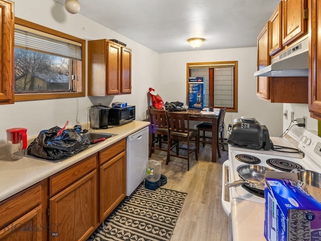 907 Montana St, Belgrade, MT 59714 - kitchen featuring white appliances, light countertops, brown cabinets, and under cabinet range hood