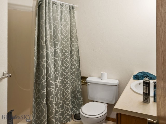 907 Montana St, Belgrade, MT 59714 - full bath featuring a textured wall, toilet, a shower with shower curtain, and vanity