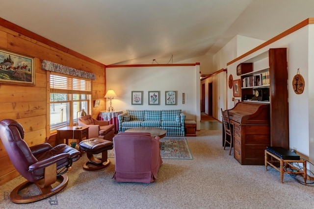 carpeted living room featuring wooden walls and lofted ceiling