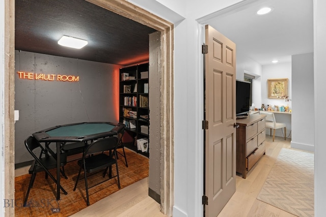 7980 Balsam, Bozeman, MT 59718 - hall featuring light wood-style floors, an office area, and recessed lighting