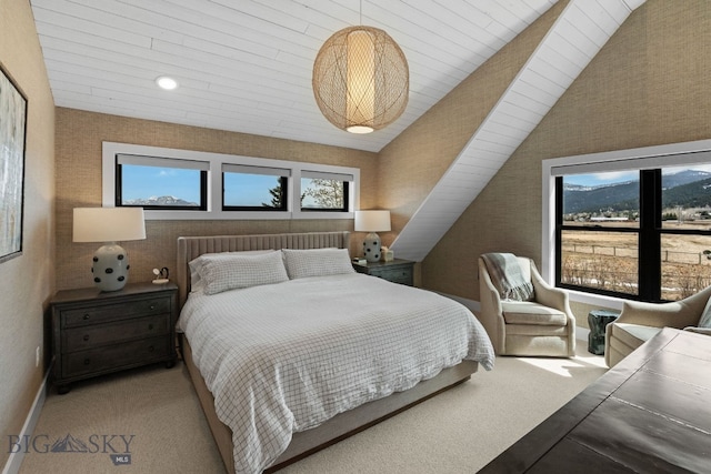 7980 Balsam, Bozeman, MT 59718 - bedroom with lofted ceiling, carpet flooring, and wood ceiling