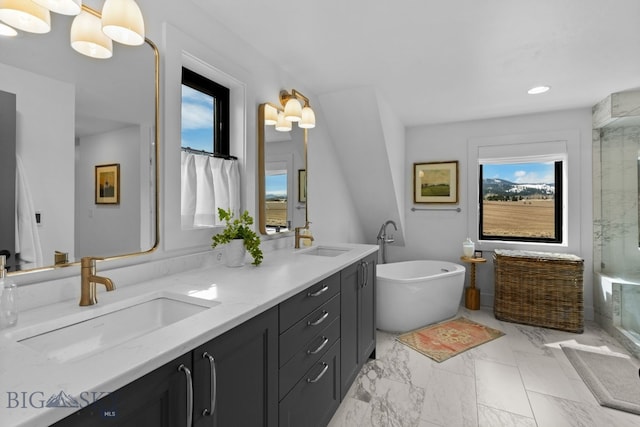 7980 Balsam, Bozeman, MT 59718 - bathroom featuring a shower stall, double vanity, healthy amount of natural light, a freestanding tub, and recessed lighting