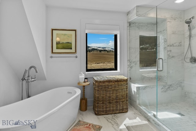 7980 Balsam, Bozeman, MT 59718 - full bathroom with a freestanding bath, a marble finish shower, and marble finish floors