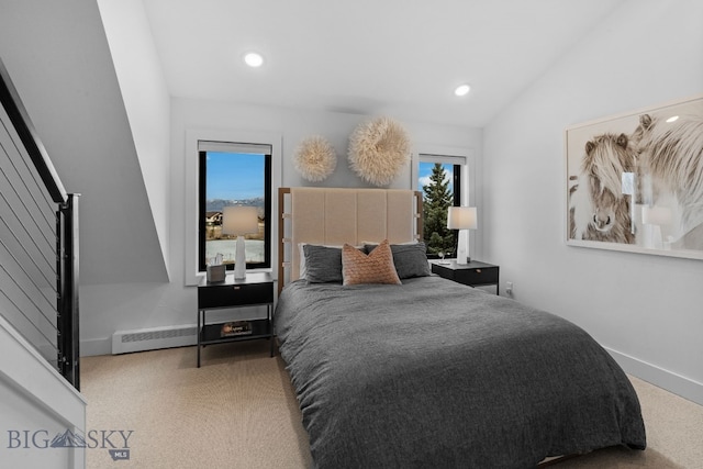 7980 Balsam, Bozeman, MT 59718 - bedroom with carpet, multiple windows, baseboard heating, recessed lighting, and vaulted ceiling