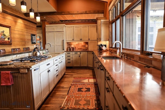 201 Cotton Willow, Melrose, MT 59743 - kitchen featuring a sink, plenty of natural light, backsplash, dark wood finished floors, and wood walls