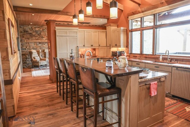 201 Cotton Willow, Melrose, MT 59743 - kitchen featuring a sink, dishwashing machine, healthy amount of natural light, wood finished floors, and beamed ceiling