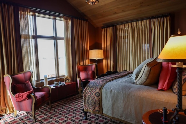 201 Cotton Willow, Melrose, MT 59743 - bedroom featuring vaulted ceiling, wooden ceiling, and carpet