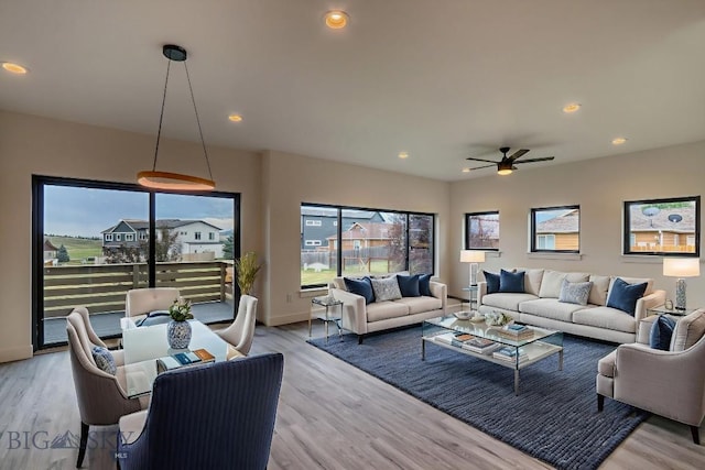 1104 Ridgeview Trl, Livingston, MT 59047 - living room with a ceiling fan, wood finished floors, and recessed lighting