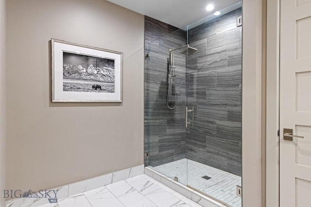 462 Black Bull Trl Unit D, Bozeman, MT 59718 - full bath with a shower stall, marble look tile flooring, and recessed lighting