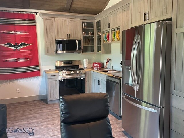 520 Pennsylvania St E Unit 10, Anaconda, MT 59711 - kitchen featuring baseboards, stainless steel appliances, glass insert cabinets, light wood-type flooring, and vaulted ceiling
