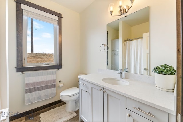 104 Albrey Trl Unit C, Bozeman, MT 59718 - bathroom with vanity, toilet, a chandelier, and wood finished floors