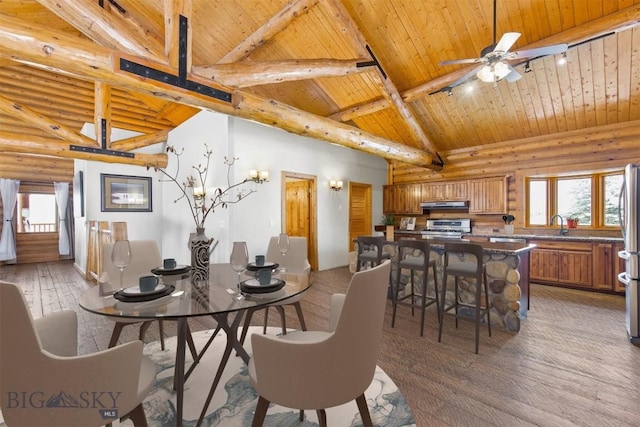 480 Moose Crossing Rd, Gallatin Gateway, MT 59730 - dining area featuring a wooden ceiling with exposed beams, high vaulted ceiling, healthy amount of natural light, light wood-type flooring, and a ceiling fan
