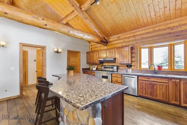 480 Moose Crossing Rd, Gallatin Gateway, MT 59730 - kitchen with appliances with stainless steel finishes, wood ceiling, light wood finished floors, under cabinet range hood, and a kitchen island