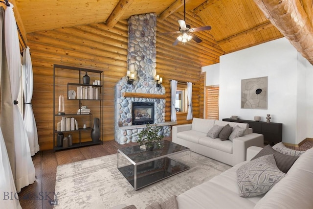 480 Moose Crossing Rd, Gallatin Gateway, MT 59730 - living room with hardwood / wood-style floors, rustic walls, a stone fireplace, ceiling fan, and high vaulted ceiling