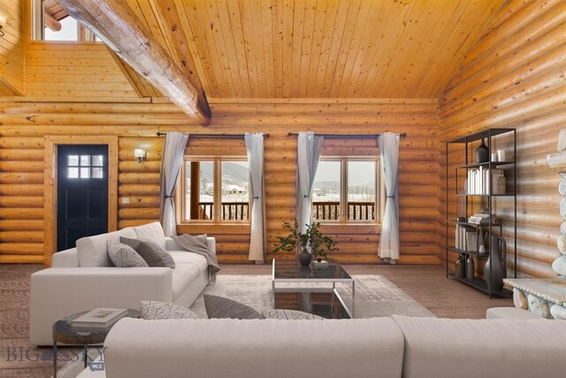 480 Moose Crossing Rd, Gallatin Gateway, MT 59730 - living area featuring a wooden ceiling with exposed beams, rustic walls, and wood finished floors