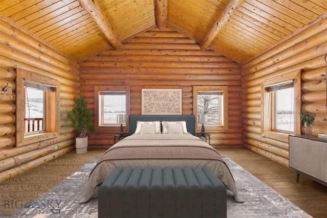 480 Moose Crossing Rd, Gallatin Gateway, MT 59730 - bedroom with a wooden ceiling with exposed beams, rustic walls, wood finished floors, and high vaulted ceiling