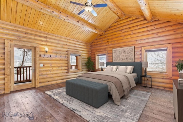 480 Moose Crossing Rd, Gallatin Gateway, MT 59730 - bedroom with a wooden ceiling with exposed beams, multiple windows, rustic walls, hardwood / wood-style flooring, and high vaulted ceiling