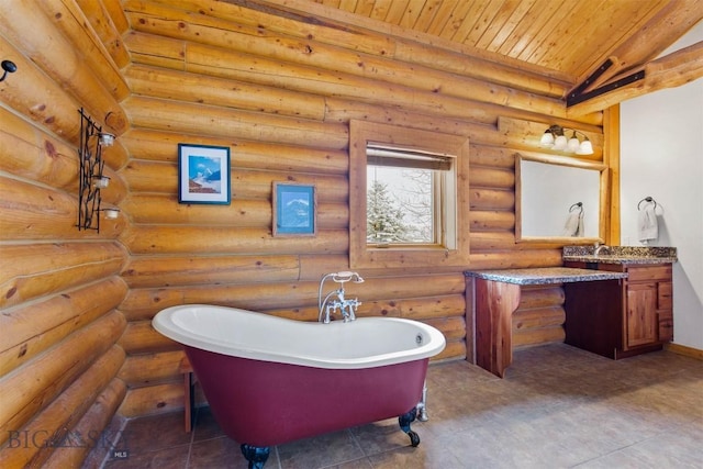 480 Moose Crossing Rd, Gallatin Gateway, MT 59730 - full bath with vanity, a freestanding bath, and wood ceiling