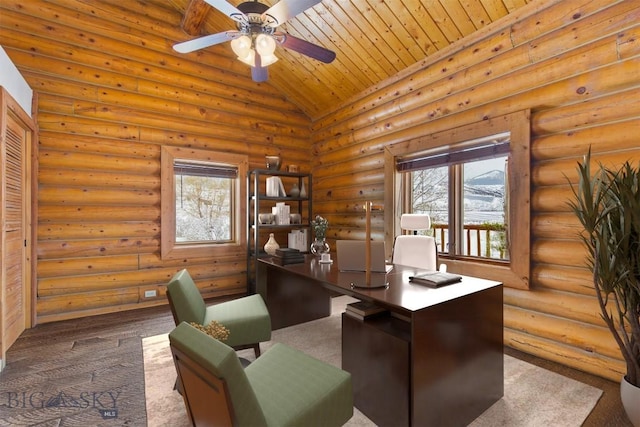 480 Moose Crossing Rd, Gallatin Gateway, MT 59730 - office area featuring healthy amount of natural light, a ceiling fan, wooden ceiling, log walls, and lofted ceiling