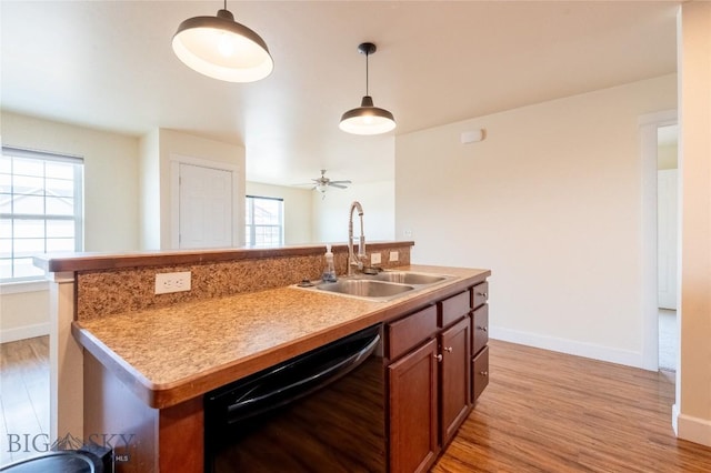 2300 Sturnella Ln, Belgrade, MT 59714 - kitchen with dishwasher, a sink, light wood-style floors, and hanging light fixtures
