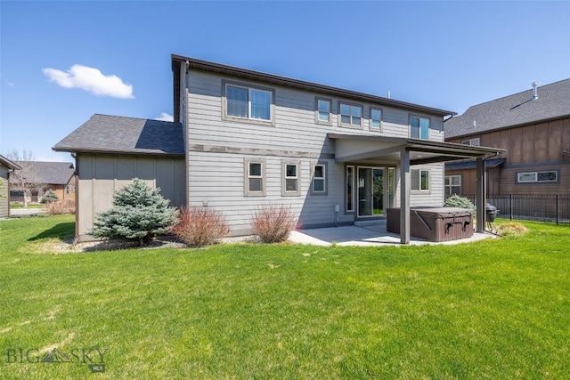 2026 Southbridge, Bozeman, MT 59718 - back of house featuring a hot tub, a patio, and board and batten siding