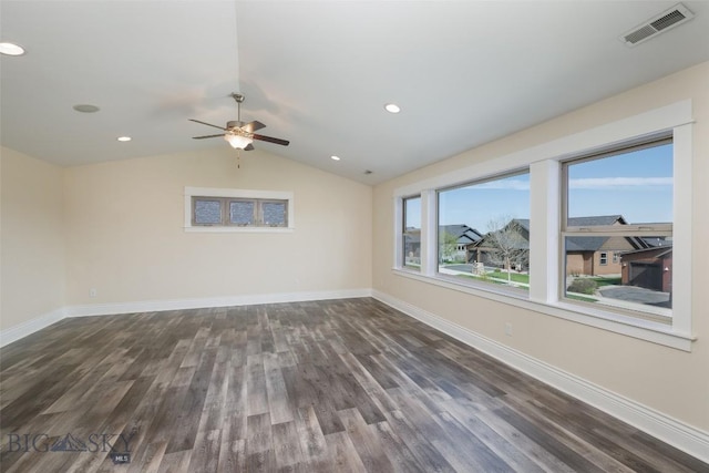 2026 Southbridge, Bozeman, MT 59718 - empty room with dark wood-style floors, a ceiling fan, lofted ceiling, baseboards, and recessed lighting