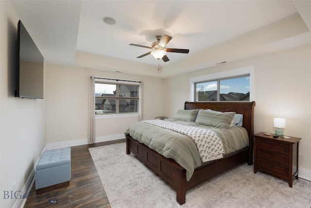 2026 Southbridge, Bozeman, MT 59718 - bedroom with a tray ceiling, baseboards, multiple windows, and wood finished floors