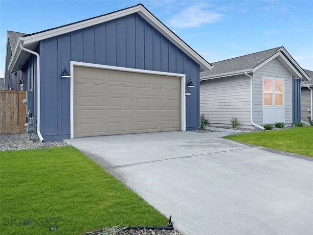 1502 Cyril Way, Belgrade, MT 59714 - ranch-style house with concrete driveway, board and batten siding, an attached garage, a front lawn, and roof with shingles
