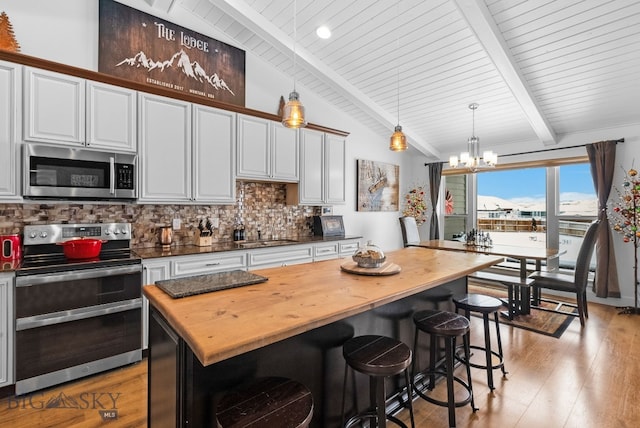 9 Blue Stem Way, Three Forks, MT 59752 - kitchen featuring appliances with stainless steel finishes, butcher block counters, a chandelier, backsplash, and light wood finished floors