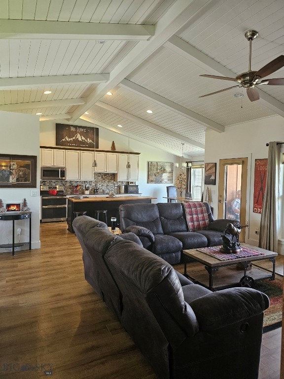 9 Blue Stem Way, Three Forks, MT 59752 - living area with wood finished floors, ceiling fan, wood ceiling, and recessed lighting