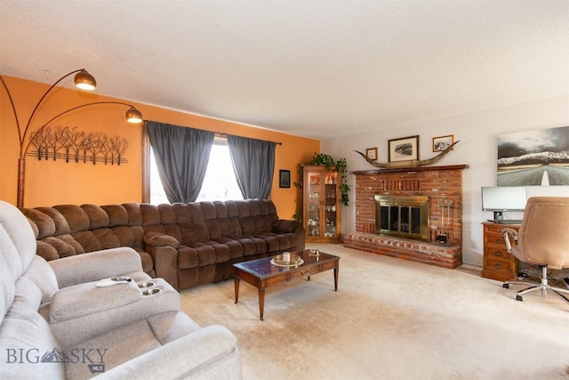 carpeted living area with a fireplace and a textured ceiling