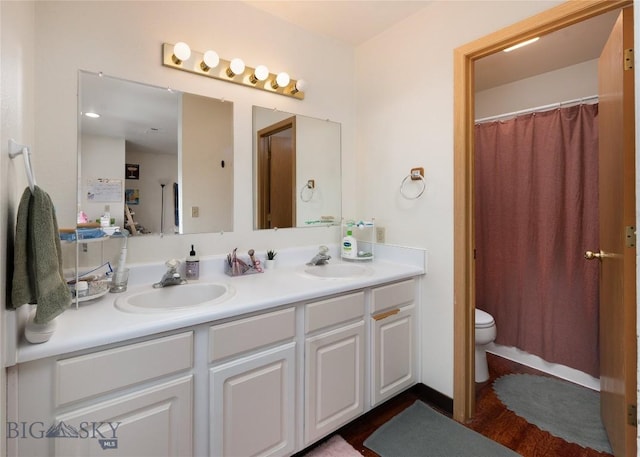 1719 W Kagy, Bozeman, MT 59715 - full bath featuring toilet, double vanity, a sink, and a shower with shower curtain