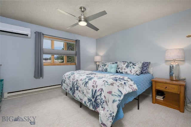 carpeted bedroom featuring a baseboard radiator, a ceiling fan, an AC wall unit, and a textured ceiling