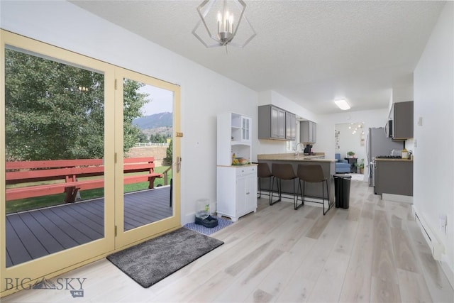 doorway to outside with a textured ceiling, a mountain view, light wood-style flooring, and a sink