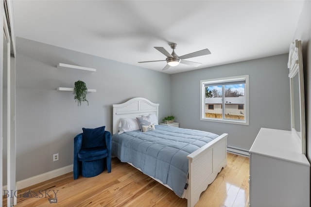 211 N Yellowstone Ave, Bozeman, MT 59718 - bedroom with a baseboard radiator, light wood-style flooring, baseboards, and a ceiling fan