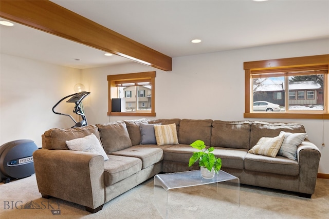 211 N Yellowstone Ave, Bozeman, MT 59718 - living room featuring carpet, beamed ceiling, and recessed lighting