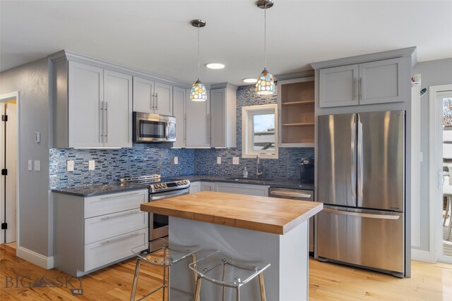 211 N Yellowstone Ave, Bozeman, MT 59718 - kitchen with appliances with stainless steel finishes, a sink, gray cabinetry, wooden counters, and recessed lighting
