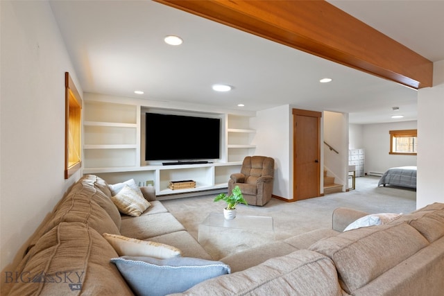 211 N Yellowstone Ave, Bozeman, MT 59718 - carpeted living room featuring recessed lighting, stairway, baseboard heating, and baseboards