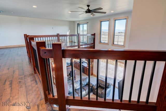 251 Fawn Mdw, Manhattan, MT 59741 - staircase with a ceiling fan, hardwood / wood-style flooring, and recessed lighting