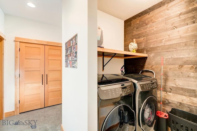 251 Fawn Mdw, Manhattan, MT 59741 - laundry area with washer and dryer and wood walls